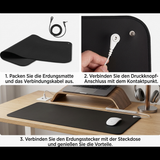 Erdungsmatte Grund in drei Schritten anschließen: Matte auslegen, Kabel einstecken, Füße auflegen